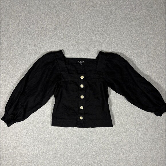 J Crew 100% Linen Black Squareneck Puffed Long Sleeve Button Down Crop Size XXS - Picture 1 of 7